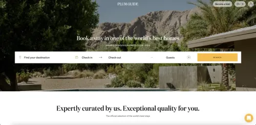 Screenshot of the homepage of Plum Guide vacation rental website